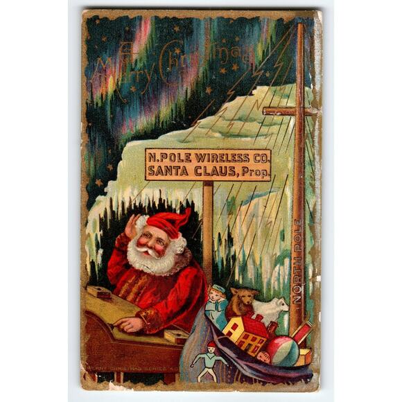 Vintage Santa Claus North Pole Christmas Postcard With Toys & Greetings - Picture 1 of 2
